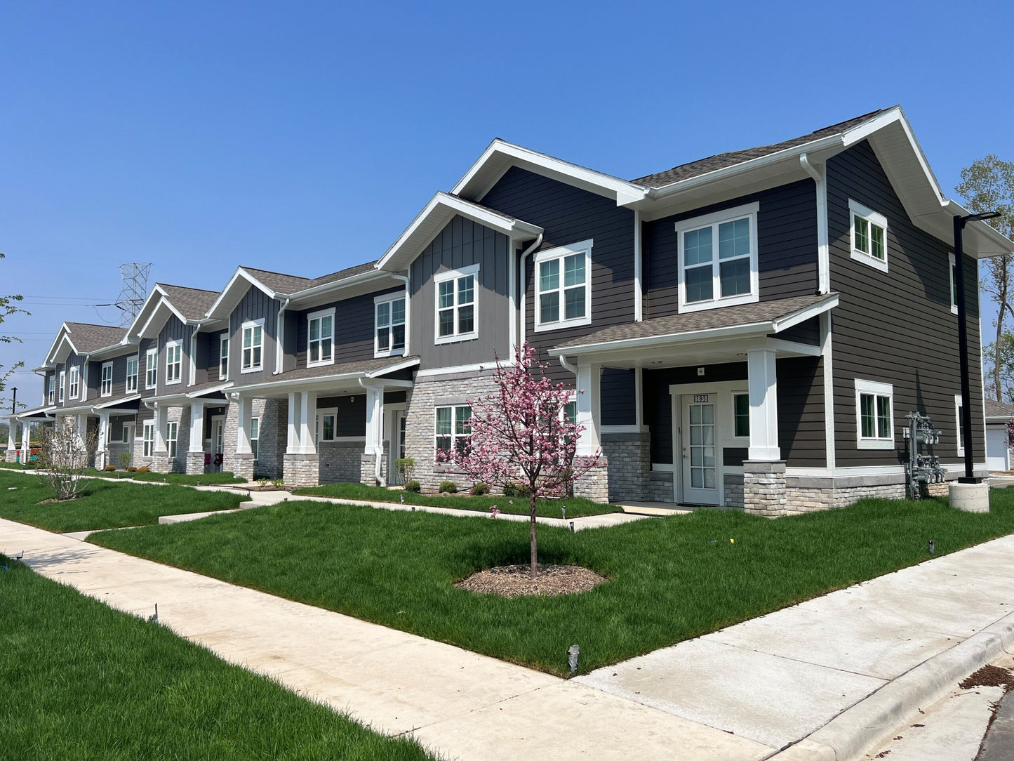 Row of houses with well-maintained lawns and a clear blue sky.