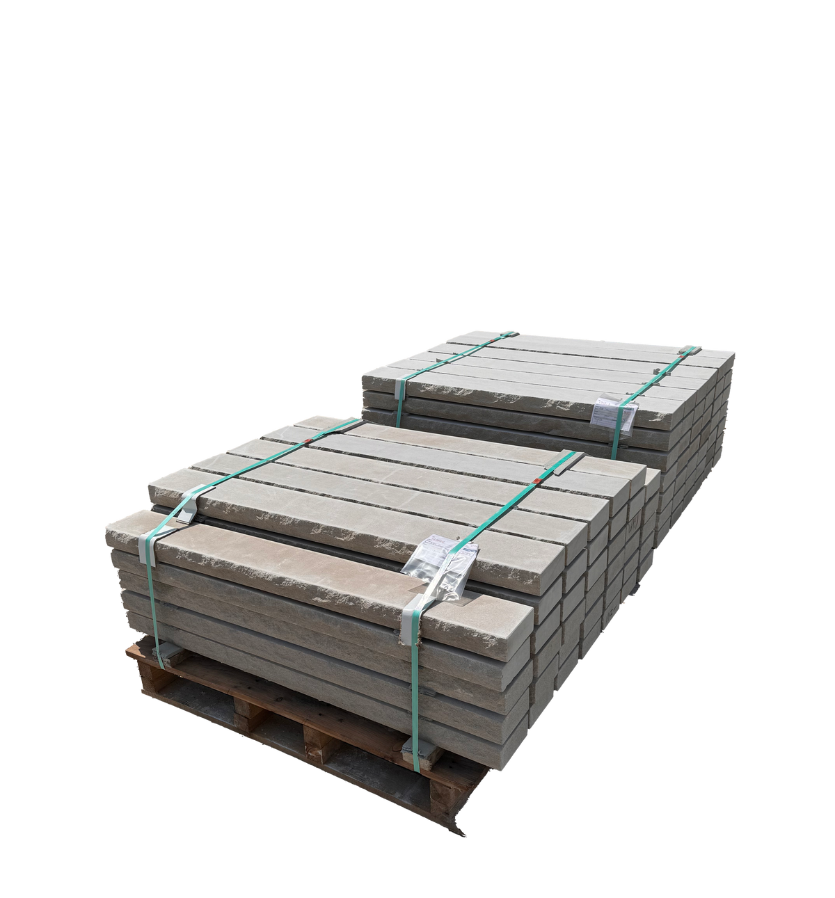 Representative rockfaced limestone sills stacked on a pallet; color and dimensions vary