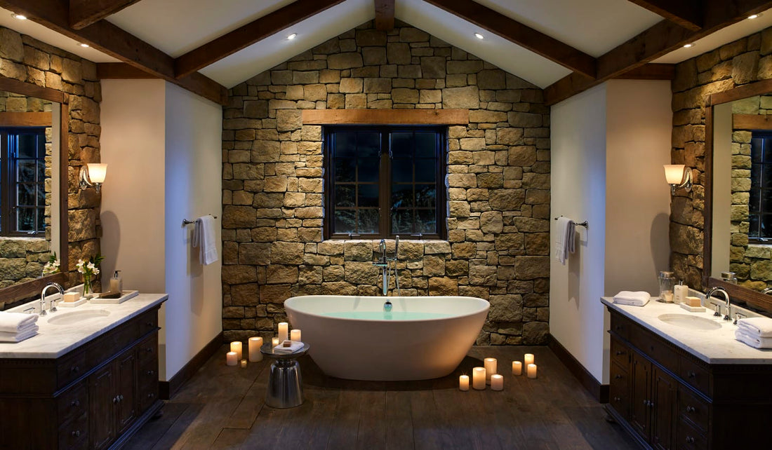 Rough-cut stone bathroom walls around a freestanding tub beneath dark wood ceiling beams, featuring Eldorado Moonlight RoughCut.