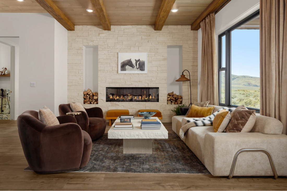 Pale modular stone fireplace wall in a wood-beamed living room, featuring Creative Mines® Powder Craft Split Modular in a 50/50 blend of 2.5-inch and 5-inch profiles.