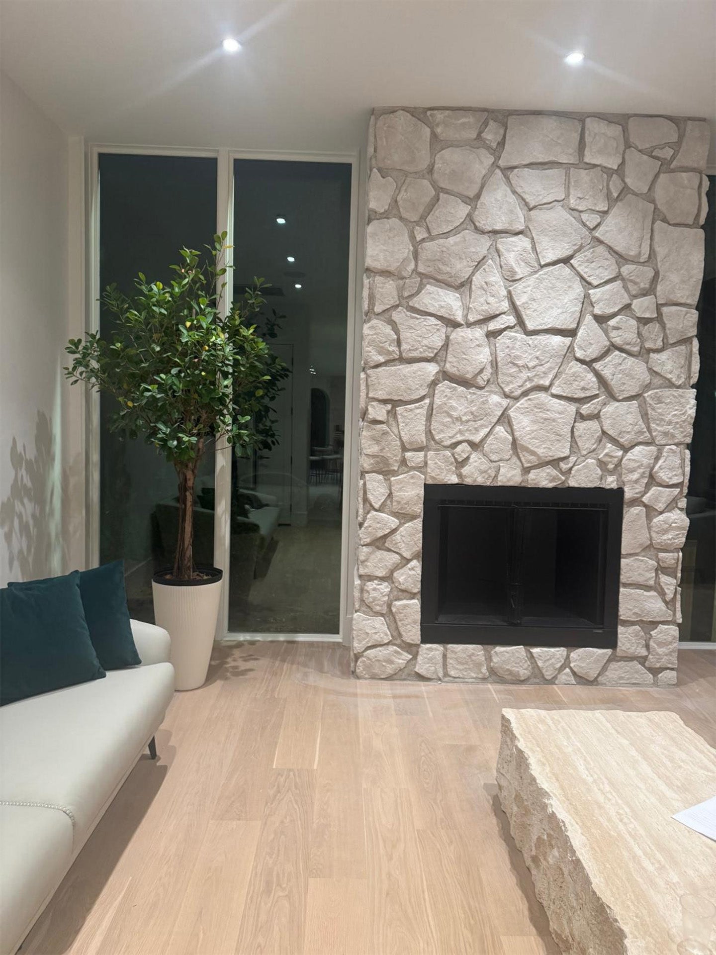 Living room with stone fireplace and potted plant