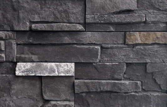 Boulder Creek Stone Alberta Skies Fast Stak stone veneer in charcoal gray, light gray and brown tones.