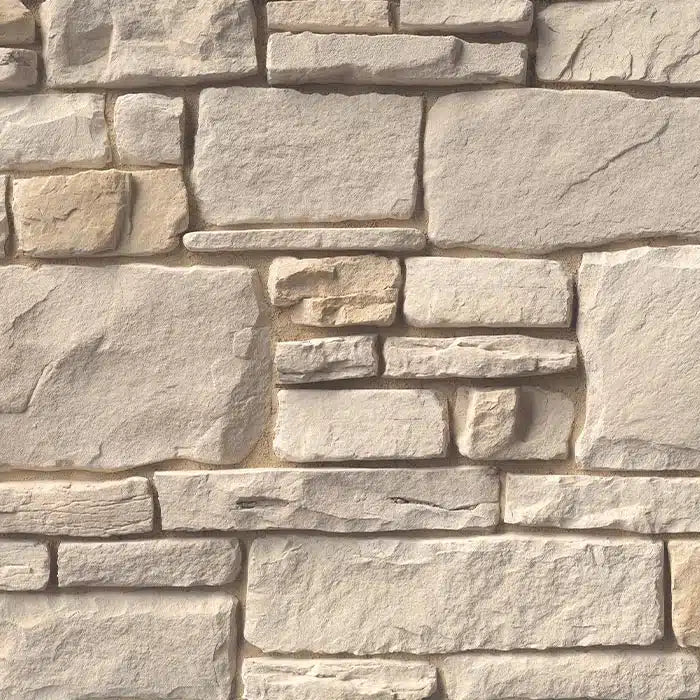 Casa Di Sassi Bianco Blend veneer featuring light white stone tones, natural textured surfaces, and refined classic masonry character.