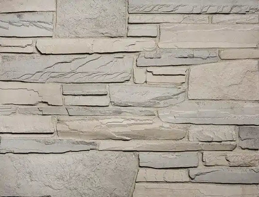 Casa Di Sassi Dente Quartz Ledgestone veneer featuring cool quartz stone tones, sharply defined stacked stone profile, and modern architectural texture