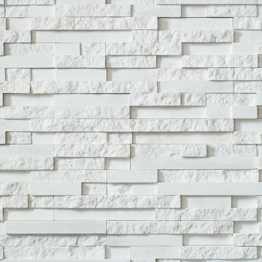 Cultured Stone Arctic Pro-Fit Terrain Ledgestone veneer featuring cool white and light gray tones, rugged terrain texture, and layered stone depth.