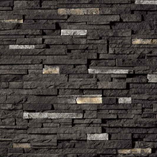 Cultured Stone Black Rundle Pro-Fit Alpine Ledgestone veneer featuring dark charcoal tones, rugged alpine texture, and dramatic stacked stone depth