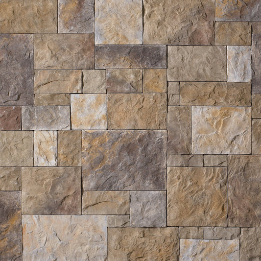 Cultured Stone Bucks County European Castle Stone veneer featuring warm neutral tones, hand-hewn block texture, and old-world natural stone character.