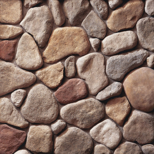 Cultured Stone Earth Blend River Rock veneer featuring warm brown and tan tones, smooth rounded stones, and natural river rock texture.