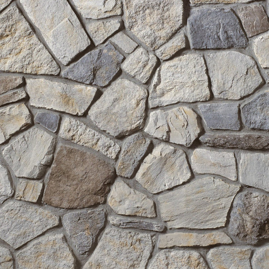 Cultured Stone Echo Ridge Old Country Fieldstone veneer featuring mixed earth-and-gray tones, rugged fieldstone texture, and authentic natural stone character