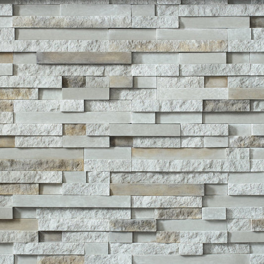 Cultured Stone Ethos Pro-Fit Terrain Ledgestone veneer featuring gray and taupe tones, rugged terrain texture, and natural stone depth.