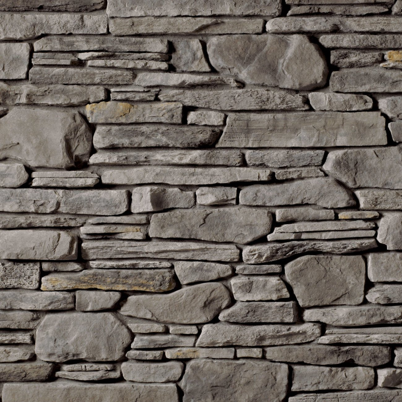 Cultured Stone Gray Southern Ledgestone veneer featuring cool gray tones, layered stacked stone texture, and natural stone depth
