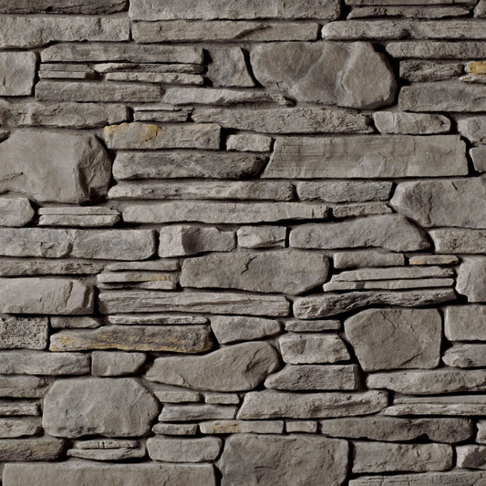 Cultured Stone Gray Southern Ledgestone veneer featuring cool gray tones, layered stacked stone texture, and natural stone depth