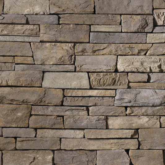 Cultured Stone Hudson Bay Country Ledgestone veneer featuring cool gray tones, layered stacked texture, and rugged natural stone character