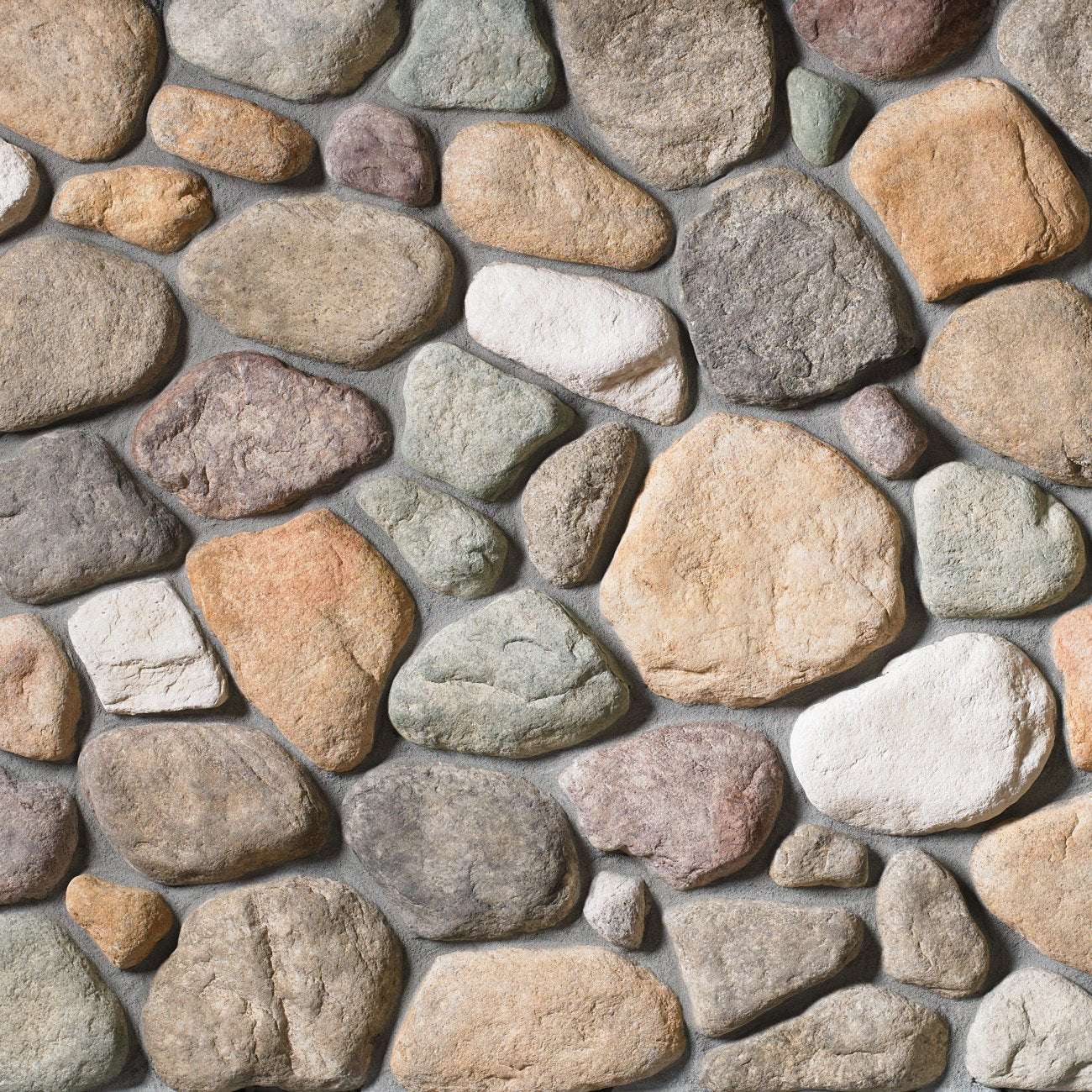 Cultured Stone Lakeshore River Rock veneer featuring gray and beige tones, smooth rounded stones, and natural river rock texture.