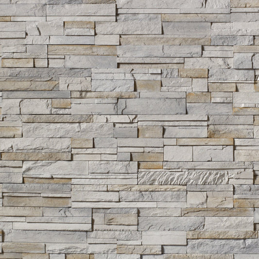 Cultured Stone Platinum Pro-Fit Ledgestone veneer featuring light platinum-gray tones, stacked layered texture, and rugged natural stone character in panel form