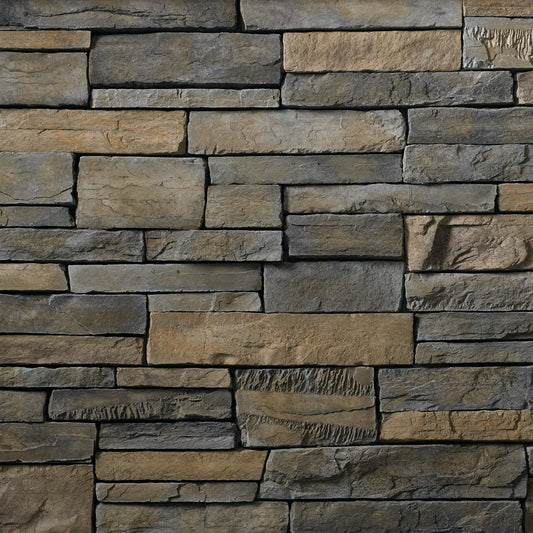 Cultured Stone Skyline Country Ledgestone veneer featuring cool gray tones, layered stacked texture, and rugged natural stone character.