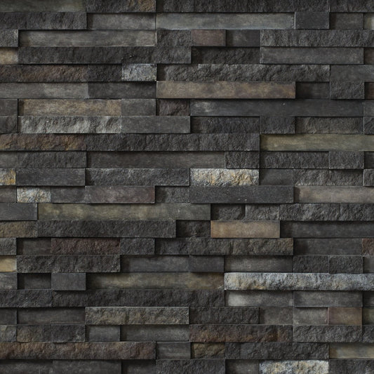 Cultured Stone Trek Pro-Fit Terrain Ledgestone veneer featuring earthy brown and gray tones, rugged terrain texture, and layered stone depth.