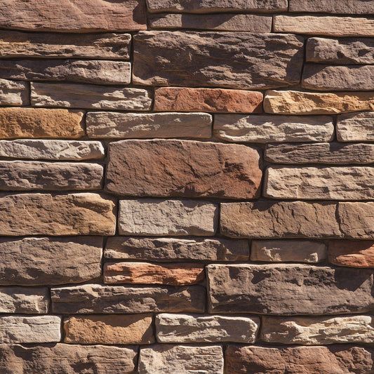 Dutch Quality Autumn Blend Stack Ledge veneer featuring warm earth tones, layered stacked texture, and dimensional ledgestone character