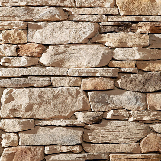 Dutch Quality Natural Blend Ledgestone veneer featuring warm earth tones, layered split-face texture, and natural stacked-stone character