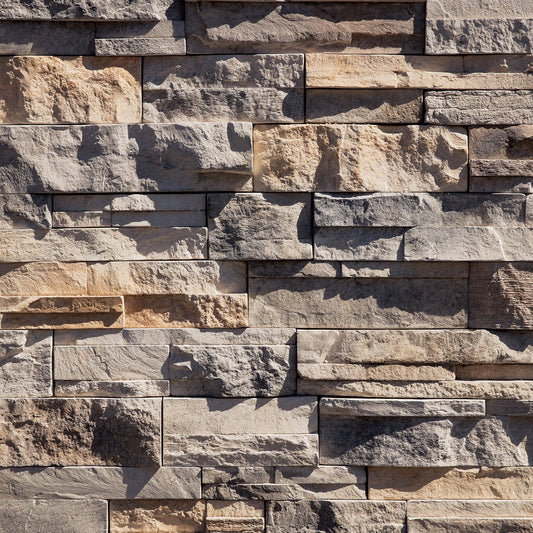 Dutch Quality Prestige Dry Stack stone veneer featuring refined gray color blend and natural stacked texture.