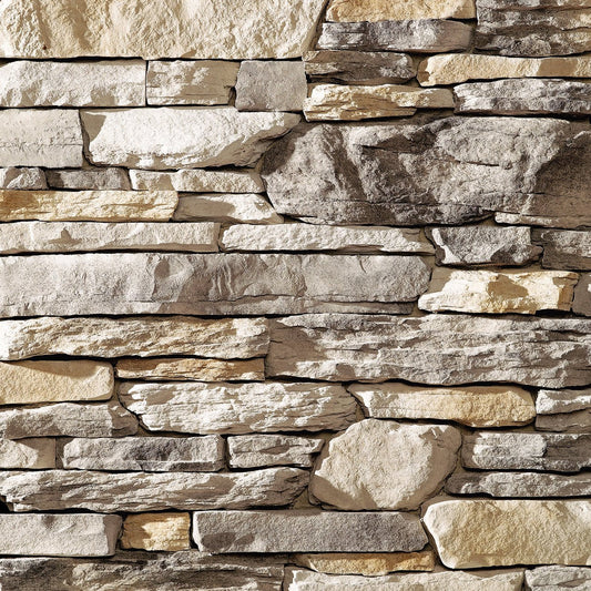 Dutch Quality Prestige Ledgestone veneer featuring neutral gray tones, layered split-face texture, and modern stacked-stone detailing