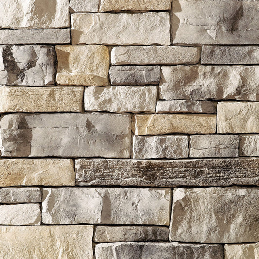 Dutch Quality Prestige Weather Ledge veneer featuring neutral gray tones, weathered layered texture, and rugged dimensional ledgestone character.