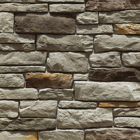 Dutch Quality Steinhaus Stack Ledge veneer featuring cool gray tones, layered stacked texture, and dimensional ledgestone character