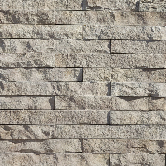Eldorado Birch LedgeCut33 stone veneer in soft white and pale gray tones with a clean, modern stacked-stone profile