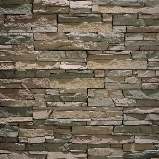 Eldorado Castaway Stacked Stone with tightly fitted linear stones in soft gray, taupe, and beige tones