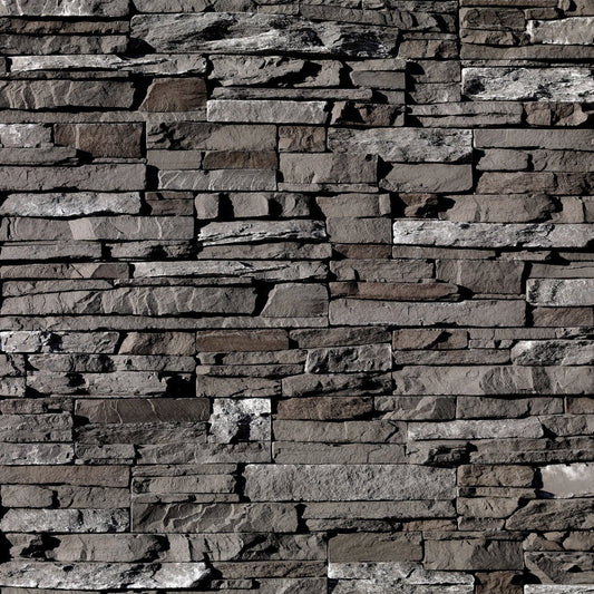 Eldorado Dark Rundle Stacked Stone with tightly fitted linear stones in dark charcoal, slate gray, and brown tones