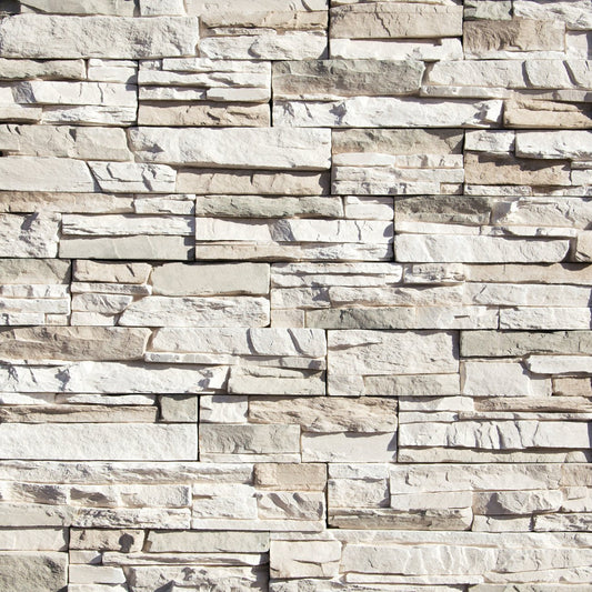 Eldorado Daybreak Stacked Stone with tightly fitted linear stones in soft tan, honey brown, and muted gray tones