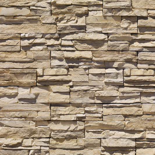 Eldorado Dry Creek Stacked Stone with tightly fitted linear stones in warm brown, tan, and muted gray tones