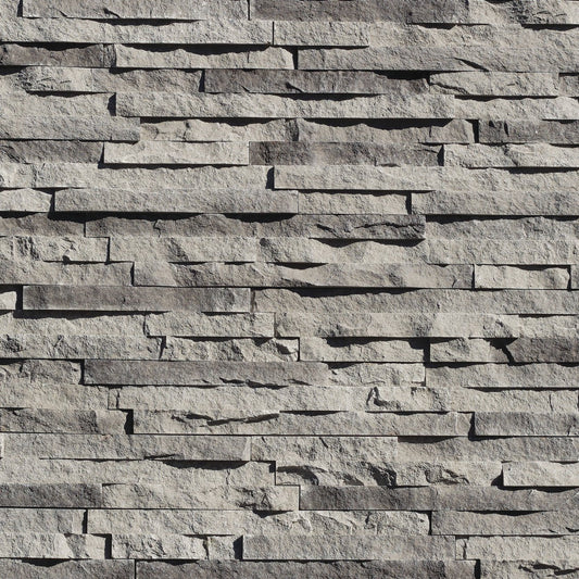 Eldorado Sidewalk European Ledge stone veneer in cool gray and charcoal hues with linear, chiseled stone texture