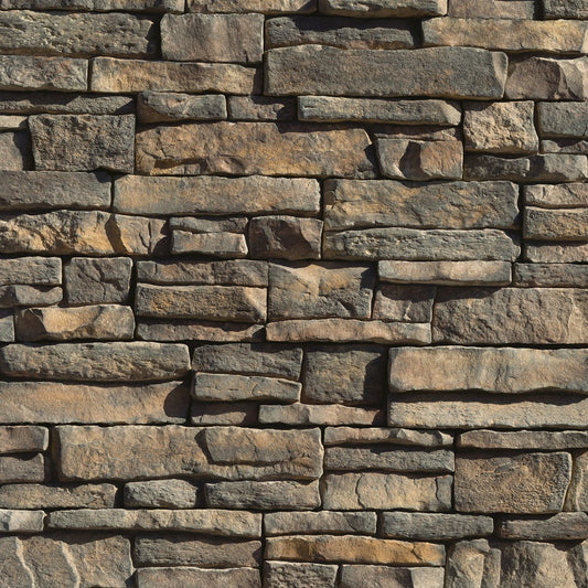 Eldorado Whiskey Creek Mountain Ledge Panels in warm brown, amber, and gray tones with rugged hand-split ledgestone texture
