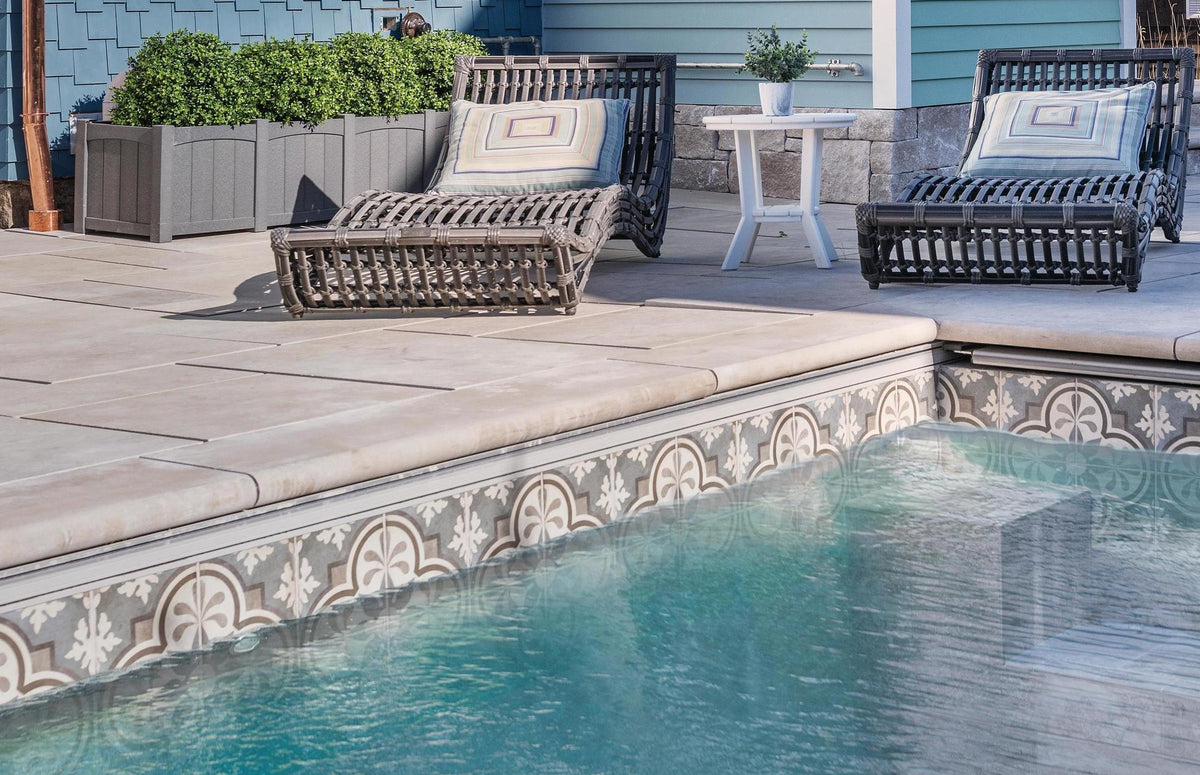 Representative limestone pool coping around a swimming pool; color and dimensions vary