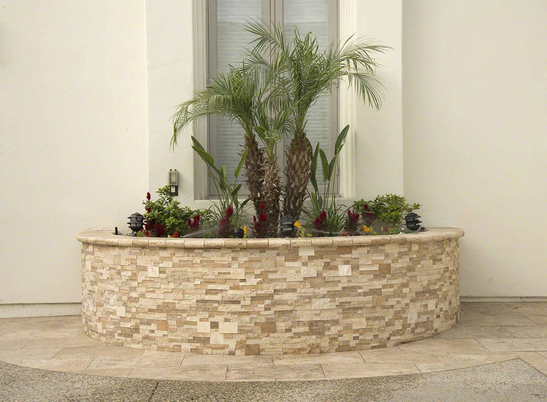 Curved planter clad in cream-and-beige dimensional stone panels with tall indoor palms, featuring MSI® Rockmount Casa Blend 3D Multi Finish.
