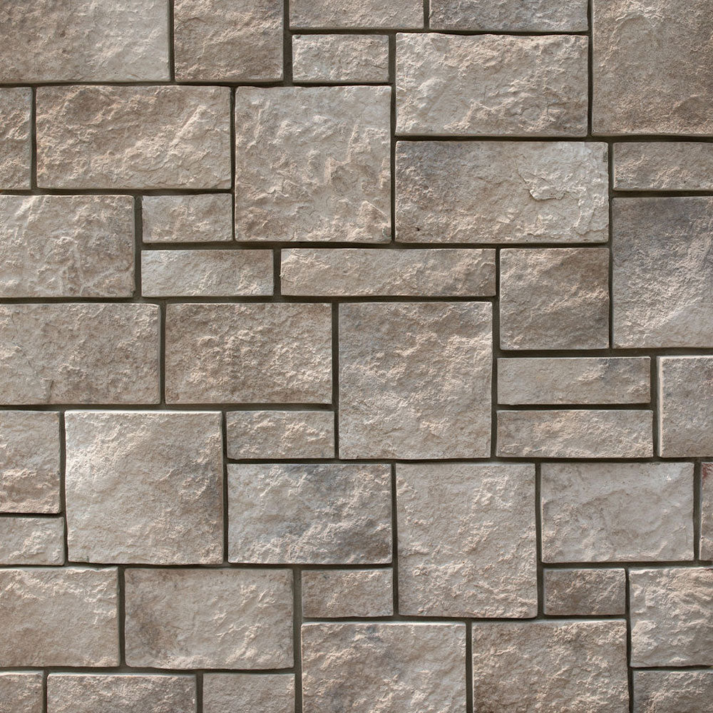 Prestige Siesta Dressed Ashlar stone veneer featuring soft neutral tones, clean rectangular stones, and refined architectural texture