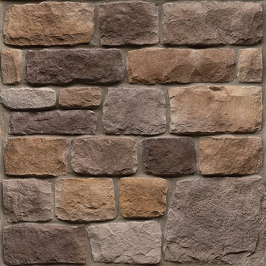 StoneCraft Warm Springs Heritage stone veneer featuring warm earth-tone color variation, timeworn textured faces, and classic Old World masonry character.