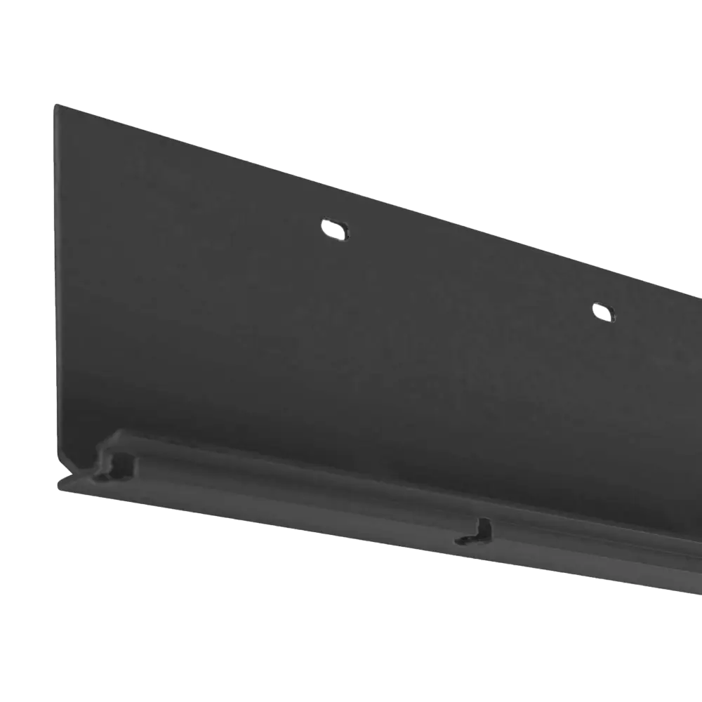 Versetta Stone charcoal starter strip — a horizontal metal trim piece used at the base of stone veneer siding panels, shown in a charcoal finish