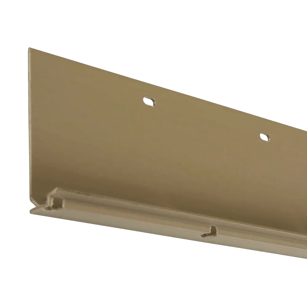 Versetta Stone taupe starter strip — a horizontal metal trim piece used at the base of stone veneer siding panels, shown in a light taupe finish