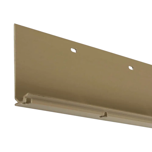 Versetta Stone taupe starter strip — a horizontal metal trim piece used at the base of stone veneer siding panels, shown in a light taupe finish